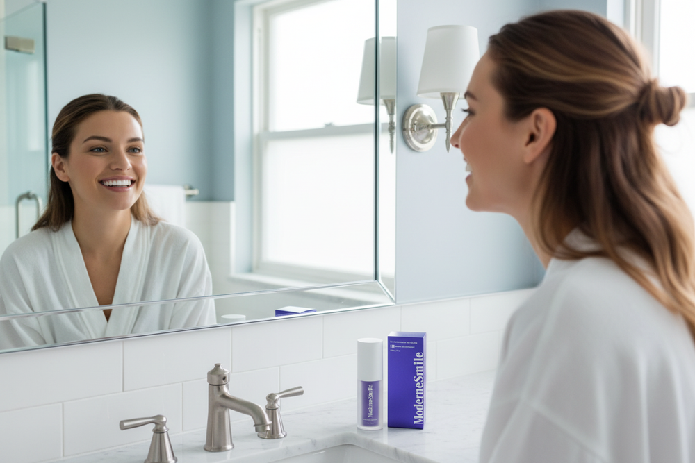 Femme avec produit ModerneSmile sur lavabo